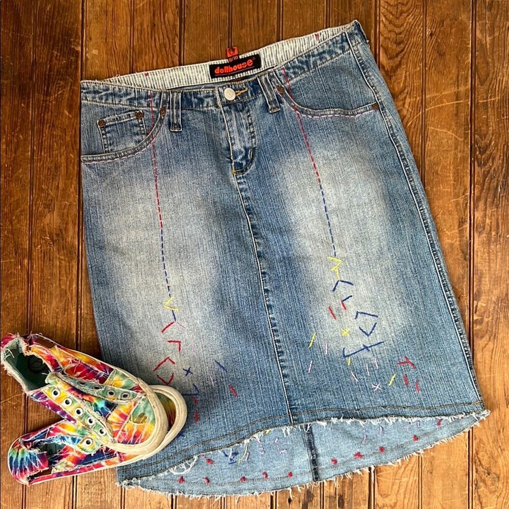 Vintage 90s denim skirt dollhouse denim bright colored embroidered midi hi lo